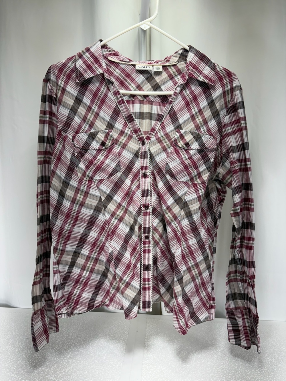 Cato Burgundy, Gray & White Plaid Button-Down Blouse 4638